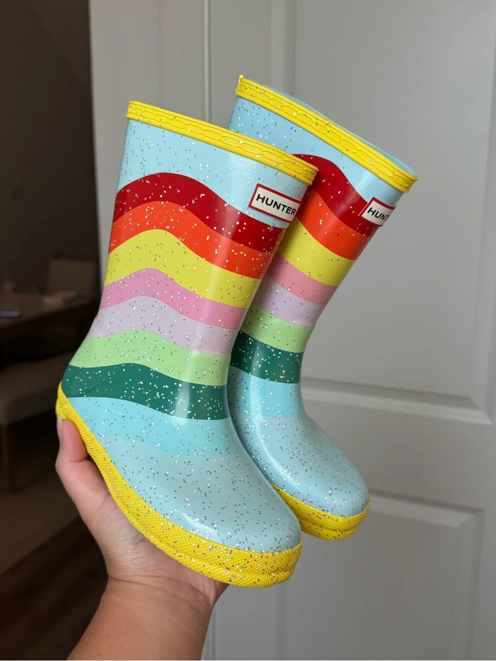 Hunter Kids Light Blue Rainbow Stripe Rain Boots with Yellow Trim